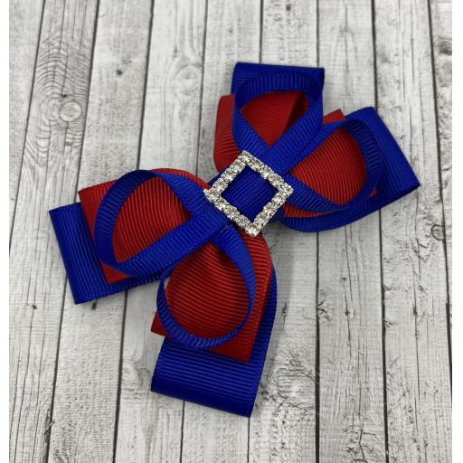Cobalt Blue and Red Double Layer Bow with Loops on Clip