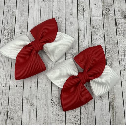 Red and White Square Bows on Clips (pair)