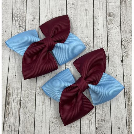 Wine and Blue Square Bows on Clips (pair)