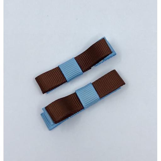 Small Straight Brown and Blue Bow on Clips (pair)