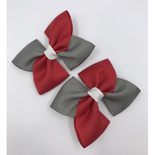 Red, Grey and White Square Bows on Clips (pair)