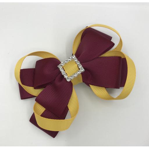 Wine Double Layer Bow with Yellow Gold Loops on Clip