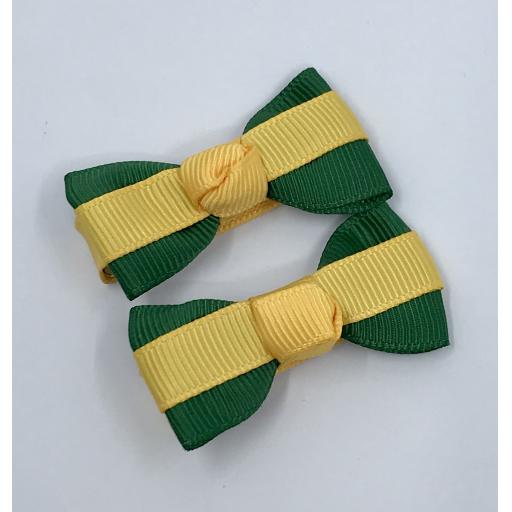 Itty Bitty Forest Green and Yellow Gold Bow on Clips (pair)