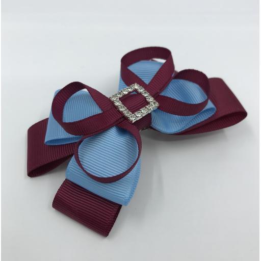 Wine and Blue Double Layer Bow with Loops on Clip