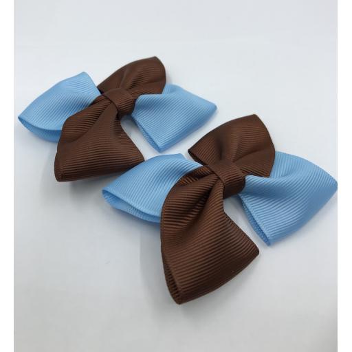 Brown and Blue Square Bows on Clips (pair)