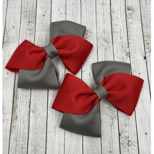 Red and Grey Diagonal Bows on Clips (pair)