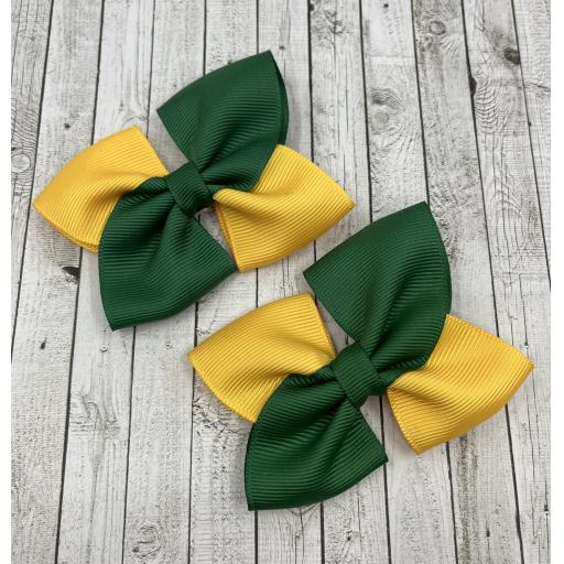 Forest Green and Yellow Gold Square Bows on Clips (pair)