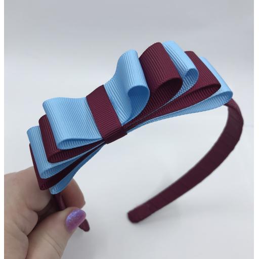 Wine 1.5cm Hairband with 5 Layer Wine and Blue Straight Classic Bow