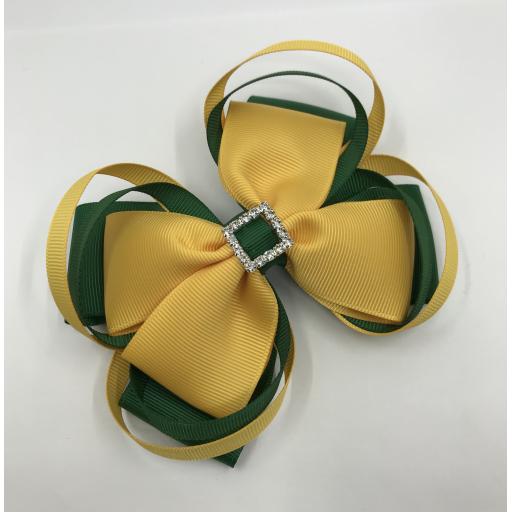 Large 5 inch Forest Green and Yellow Gold Double Layer Bow with Double Loops