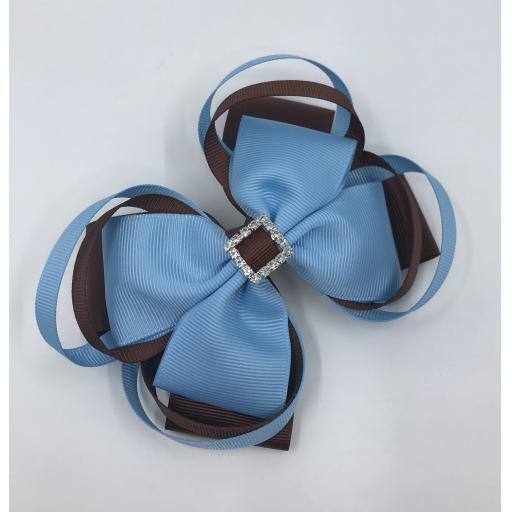 Large 5 inch Brown and Blue Double Layer Bow with Double Loops