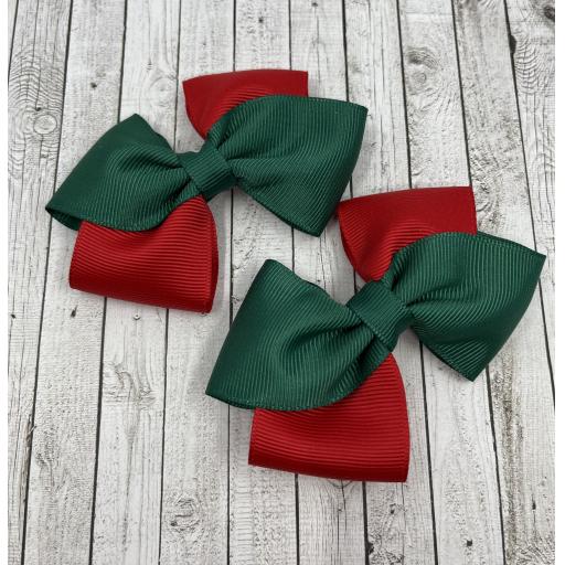 Hunter Green and Red Diagonal Bows on Clips (pair)
