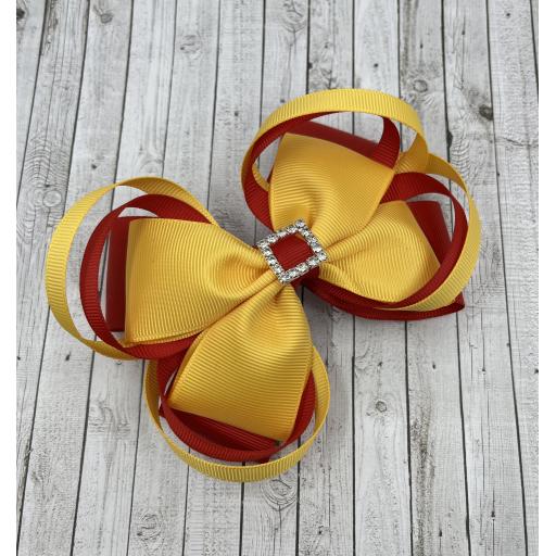 Large 5 inch Red and Yellow Gold Double Layer Bow with Double Loops