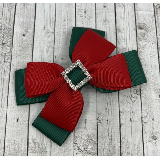 Hunter Green and Red Double Layer Bow on Clip