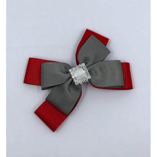 Red, Grey and White Double Layer Bow on Clip