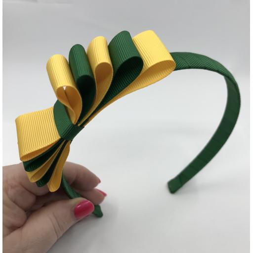 Forest Green 1.5cm Hairband with 5 Layer Forest Green and Yellow Gold Straight Classic Bow