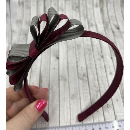 Wine 1.5cm Hairband with 5 Layer Wine and Grey Straight Classic Bow