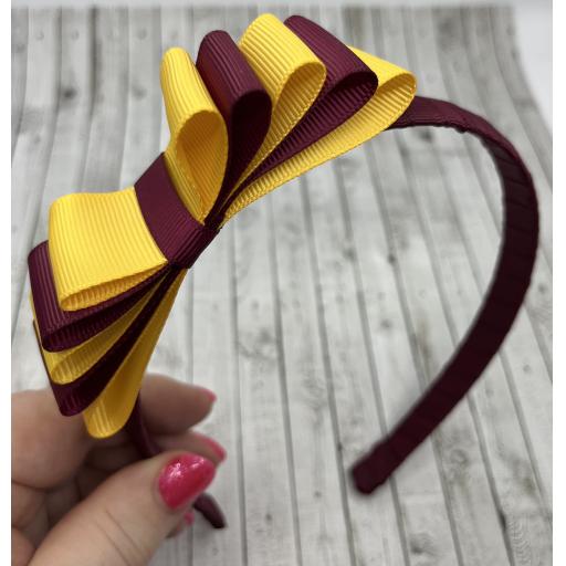 Wine 1.5cm Hairband with 5 Layer Wine and Yellow Gold Straight Classic Bow