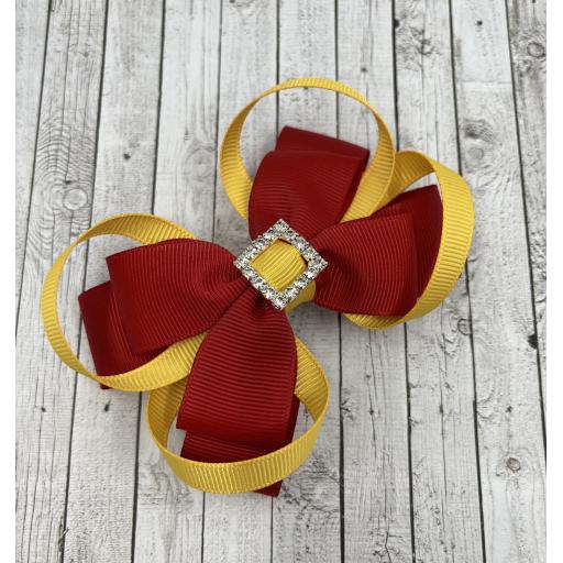 Red Double Layer Bow with Yellow Gold Loops with Centre on Clip
