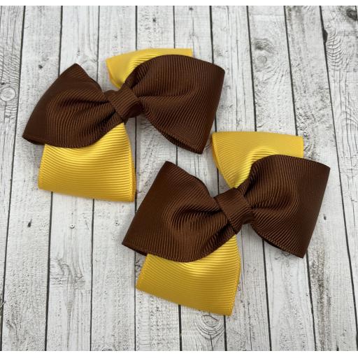 Brown and Yellow Gold Diagonal Bows on Clips (pair)