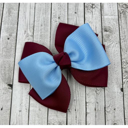 Wine Double Layer Bow with Blue Single Top Layer and Top Knot on Clip
