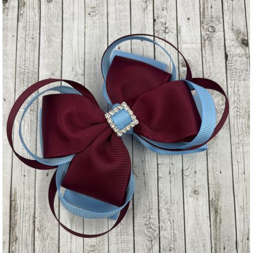 Large 5 inch Wine and Blue Double Layer Bow with Double Loops