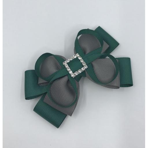 Hunter Green and Grey Double Layer Bow with Loops on Clip