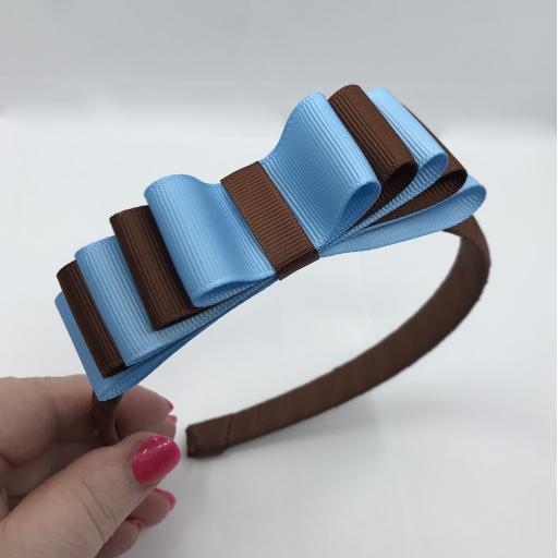 Brown 1.5cm Hairband with 5 Layer Brown and Blue Straight Classic Bow