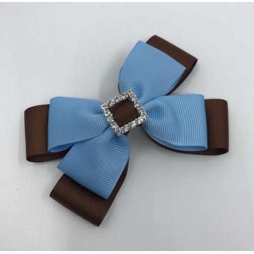 Brown and Blue Double Layer Bow on Clip