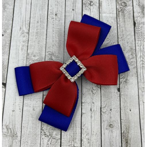 Cobalt Blue and Red Double Layer Bow on Clip