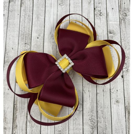 Large 5 inch Wine and Yellow Gold Double Layer Bow with Double Loops