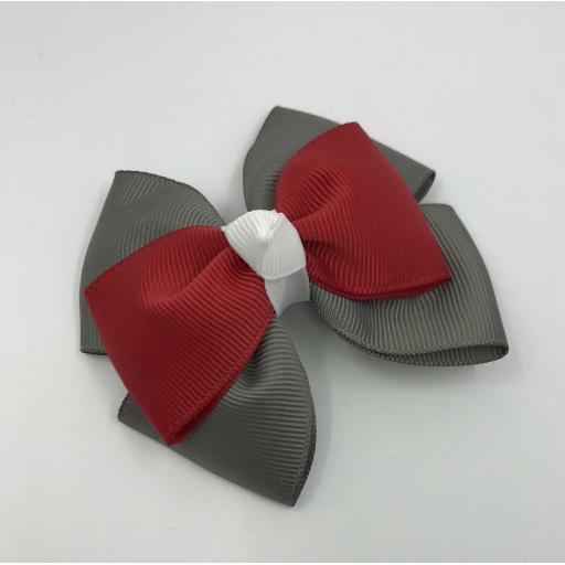 Red Double Layer Bow with Grey Single Top Layer and White Top Knot on Clip