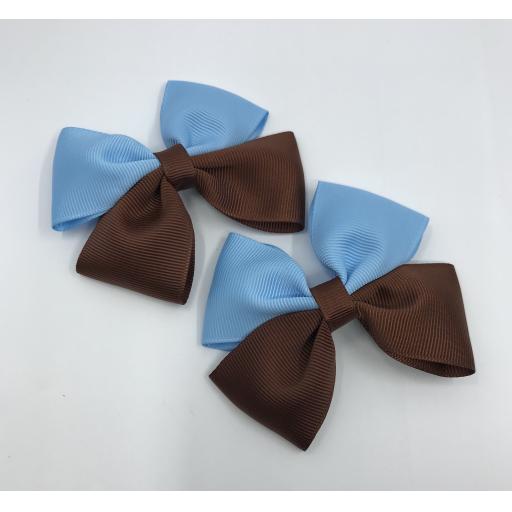 Brown and Blue Double Bows on Clips (pair)