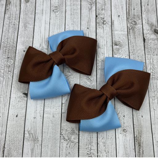 Brown and Blue Diagonal Bows on Clips (pair)