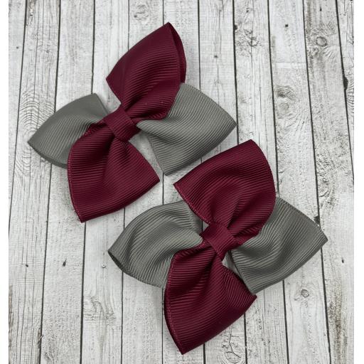 Wine and Grey Square Bows on Clips (pair)