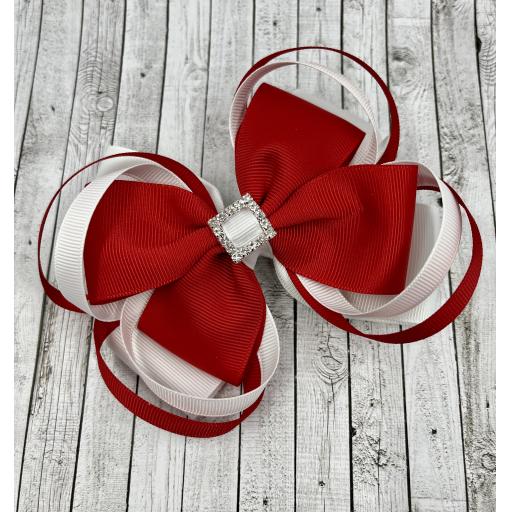 Large 5 inch Red and White Double Layer Bow with Double Loops