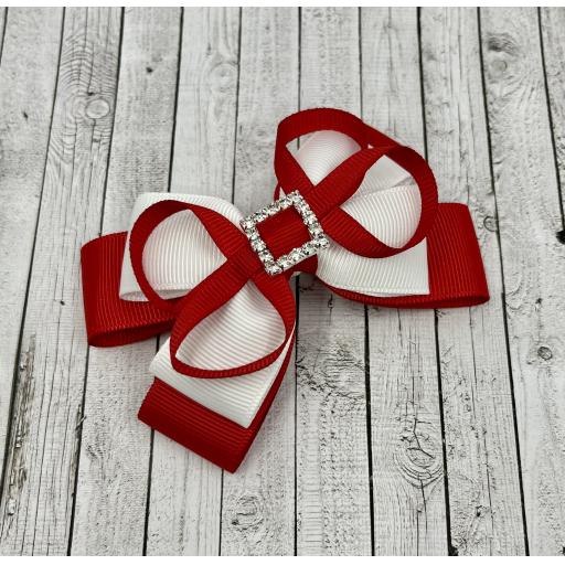 Red and White Double Layer Bow with Loops on Clip