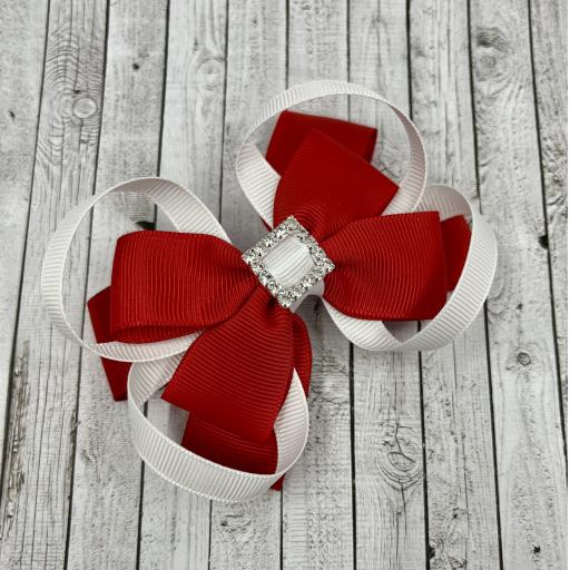 `Red Double Layer Bow with White Loops on Clip