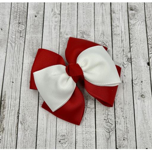Red Double Layer Bow with White Single Top Layer and Top Knot on Clip