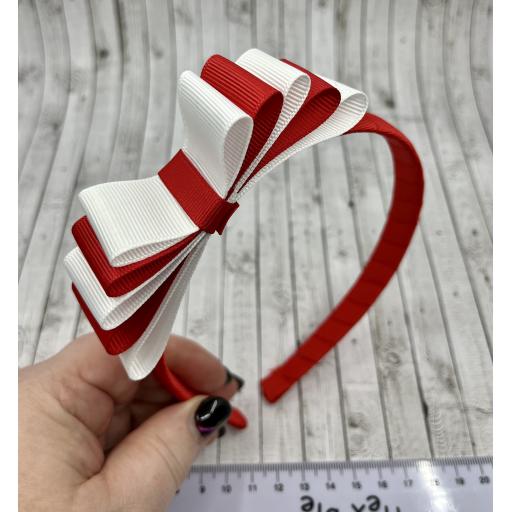 Red 1.5cm Hairband with 5 Layer Red and White Straight Classic Bow
