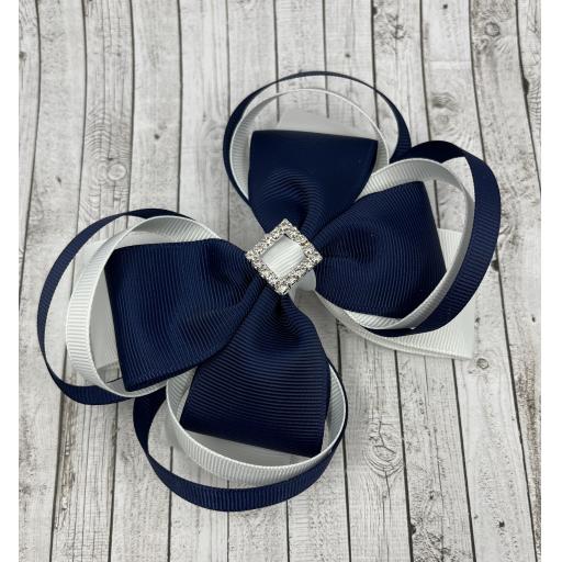 Large 5 inch Navy and White Double Layer Bow with Double Loops