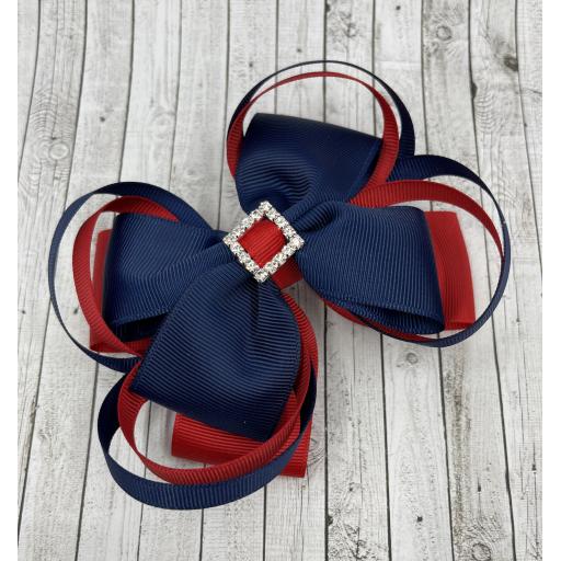 Large 5 inch Navy and Red Double Layer Bow with Double Loops