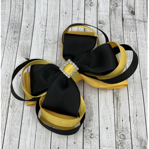 Large 5 inch Black and Yellow Gold Double Layer Bow with Double Loops