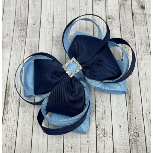 Large 5 inch Navy and Light Blue Double Layer Bow with Double Loops