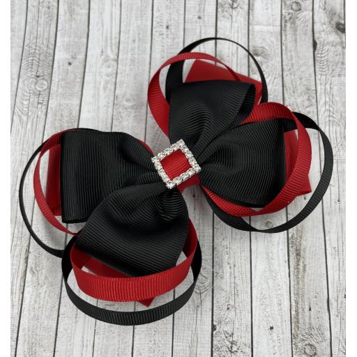 Large 5 inch Black and Red Double Layer Bow with Double Loops