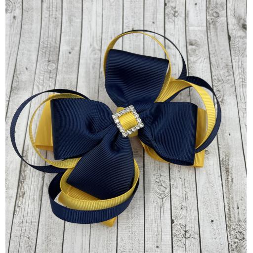 Large 5 inch Navy and Yellow Gold Double Layer Bow with Double Loops