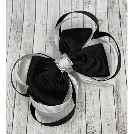 Large 5 inch Black and White Double Layer Bow with Double Loops
