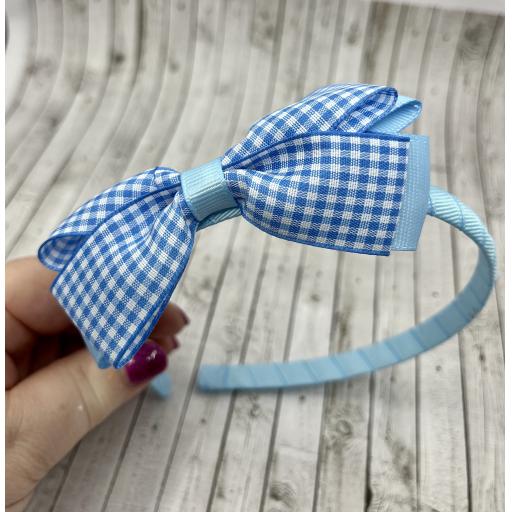 Light Blue Hairband with Light Blue and White Gingham Checked/Navy Double Bow